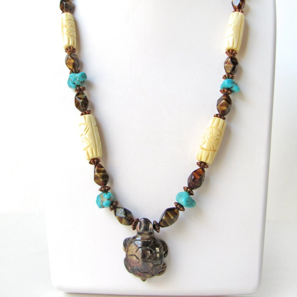 Multi Stone Beaded Turtle Necklace with Tiger's Eye, Turquoise & Carved Bone